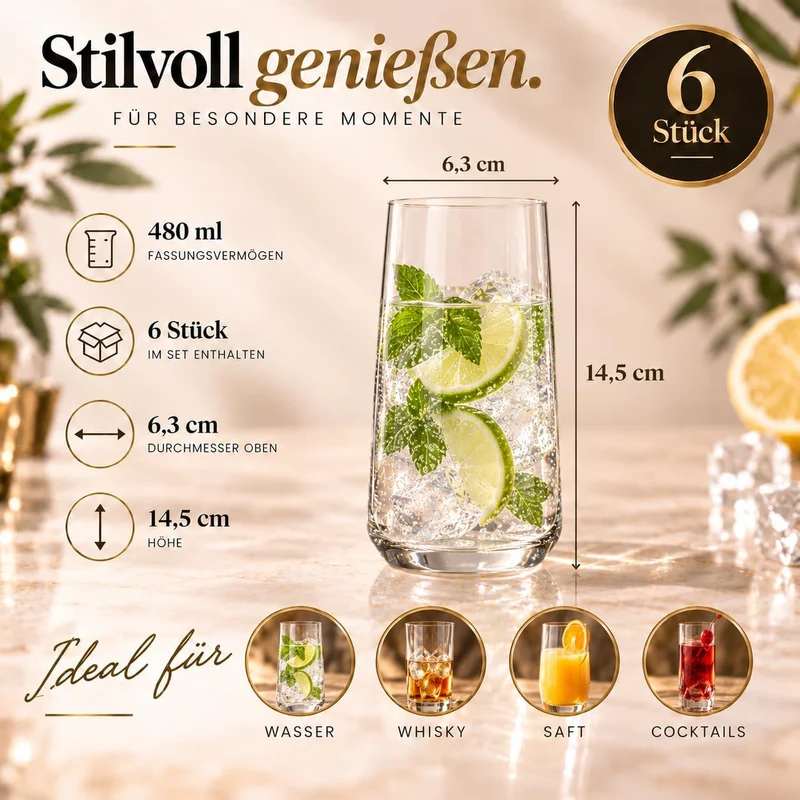 KIAPPO Set mit 24 Gläsern Avant-Grande mit Fassungsvermögen 540 ml hohe Gläser für Wasser und kalte