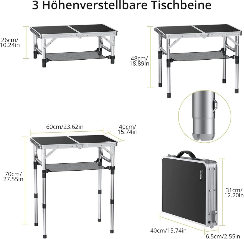 Anbte Campingtisch Klapptisch Aluminium Falttisch 3 Höhen Verstellbarer Camping Tisch mit Aufbewahru