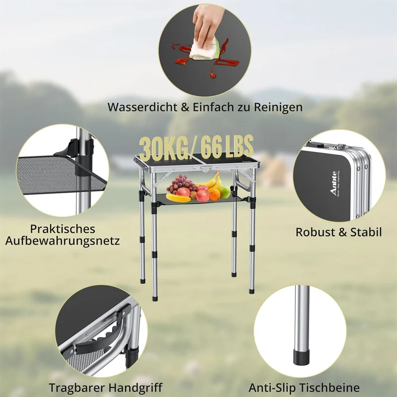 Anbte Campingtisch Klapptisch Aluminium Falttisch 3 Höhen Verstellbarer Camping Tisch mit Aufbewahru