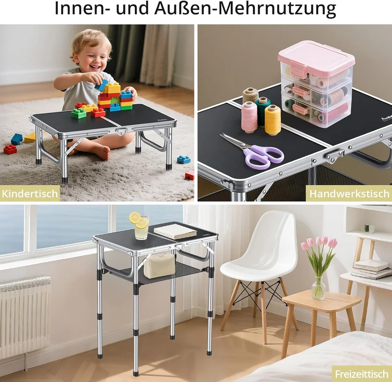 Anbte Campingtisch Klapptisch Aluminium Falttisch 3 Höhen Verstellbarer Camping Tisch mit Aufbewahru