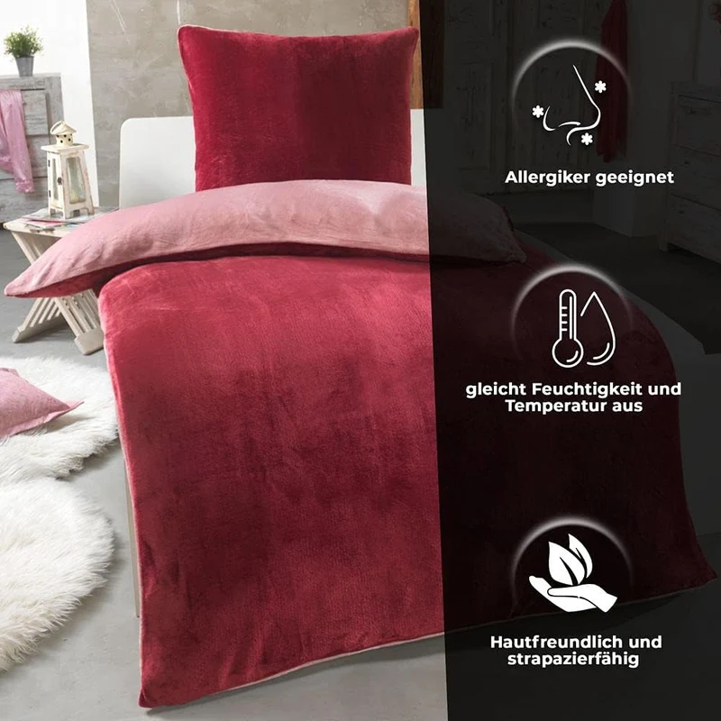 DreamHome Winter Wende Plüsch Bettwäsche 135x200 Nicky-Teddy Cashmere Touch Coral Fleece Bettdezug +