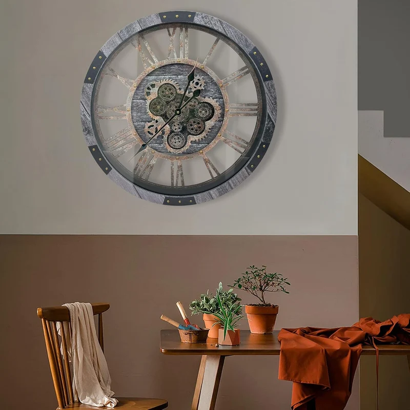 DORBOKER 60CM Grosse Vintage Wanduhr mit Beweglichen Zahnrädern, Retro Holz Gehärtete HD-Glasabdecku