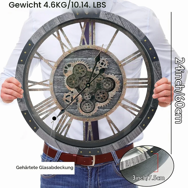 DORBOKER 60CM Grosse Vintage Wanduhr mit Beweglichen Zahnrädern, Retro Holz Gehärtete HD-Glasabdecku