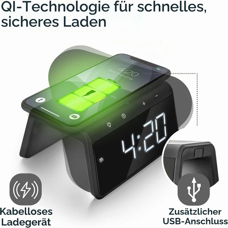 Caliber Wecker mit Ladestation - Wecker Digital mit Wake Up Light - Wecker mit Licht - Dimmbarer LED