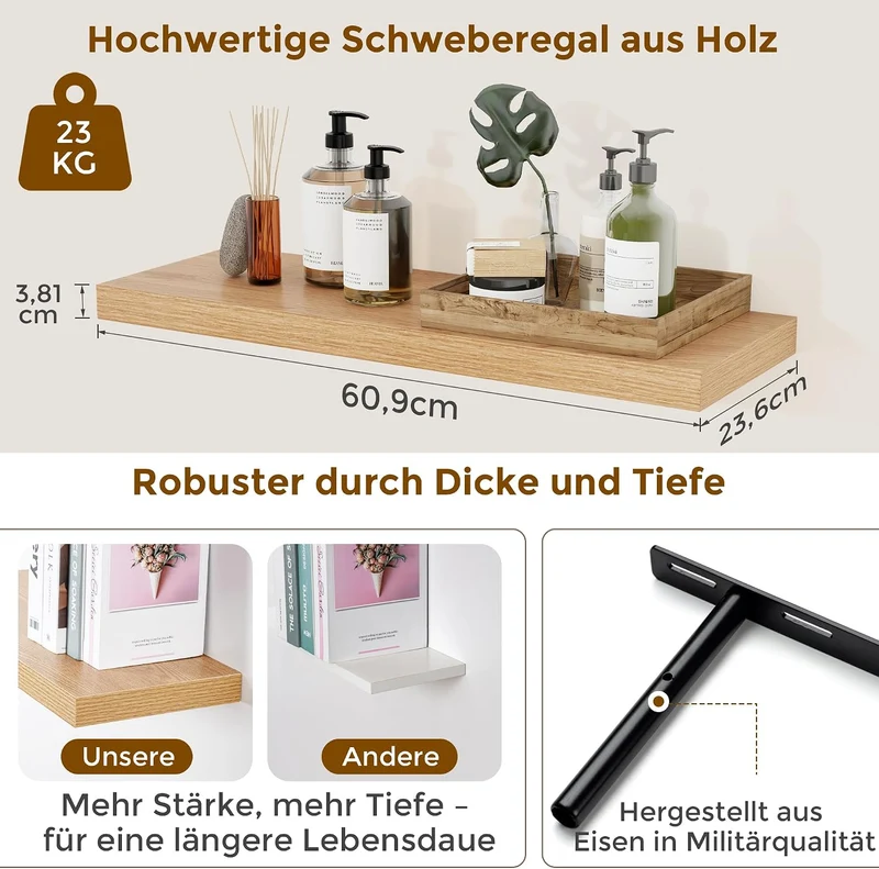 Feihorrm Wandregal, Wandboard 2er Set, 60cm Schweberegal aus MDF Holz Eiche 60 CM - Set of 2, Eiche