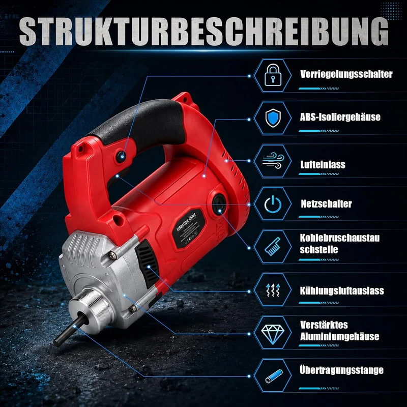 2800W Betonrüttler mit 38mm 4m Kabel Betonverdichter, 6800U/min Betonrüttler mit 4m Kabel, Betonrütt