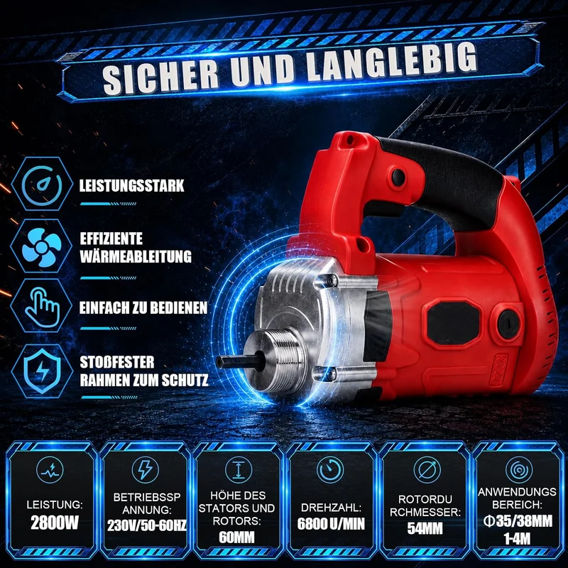 2800W Betonrüttler mit 38mm 4m Kabel Betonverdichter, 6800U/min Betonrüttler mit 4m Kabel, Betonrütt