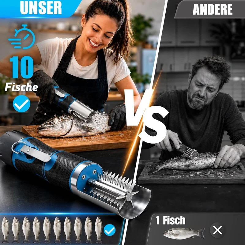 650W Elektrisch Fischentschupper mit Schutzhaube Wasserdicht aus Edelstahl Mit 2x 2200mah Akku, Mit
