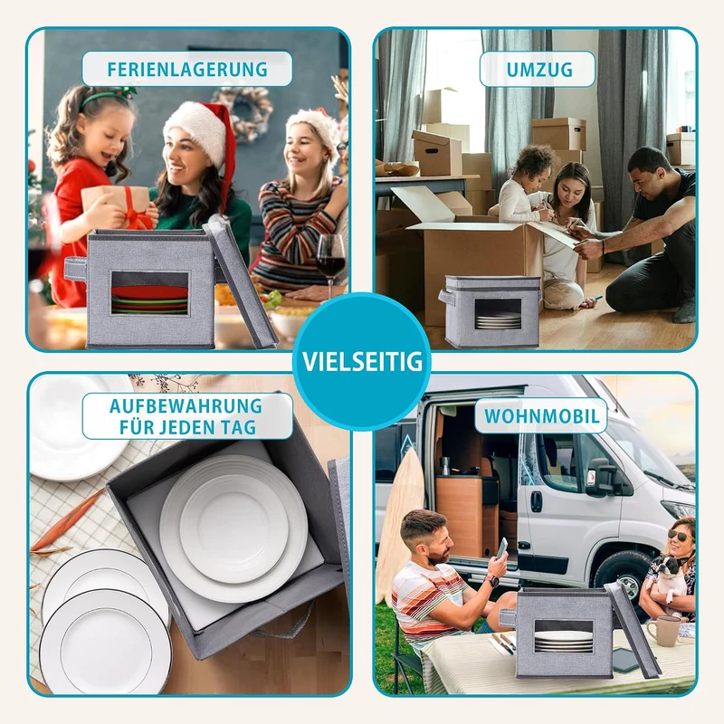 VENO 4 Grössen Geschirr-Aufbewahrungsbox mit Deckel und Griffen, Verpackungsmaterial für Teller, Umz