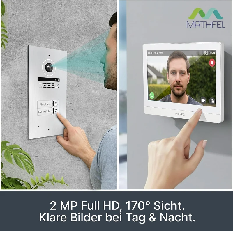 Mathfel 2-Draht Video Türsprechanlage mit RFID – WLAN Monitor, 2MP HD Kamera, 170° Weitwinkel, Türkl