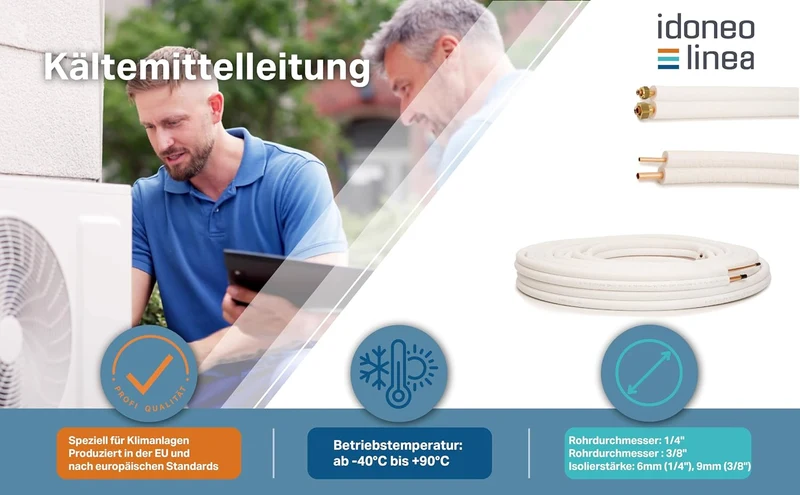 Kältemittelleitung 1/4" + 3/8" 1-25m vorisoliertes Kupfer-Doppelrohr Rolle Kupferrohre Kühlsysteme 9