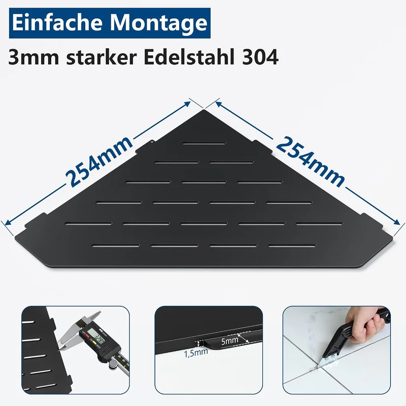 Eck-Duschregal 304 Edelstahl Duschablage Schwarz 3mm Dicker Einbau-Eckregal für Badezimmer-Aufbewahr