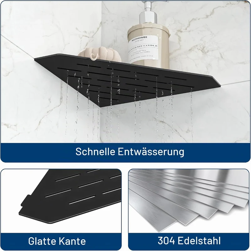 Eck-Duschregal 304 Edelstahl Duschablage Schwarz 3mm Dicker Einbau-Eckregal für Badezimmer-Aufbewahr