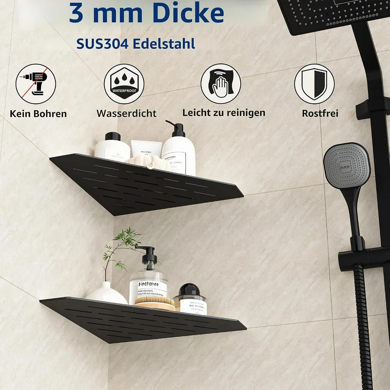 Eck-Duschregal 304 Edelstahl Duschablage Schwarz 3mm Dicker Einbau-Eckregal für Badezimmer-Aufbewahr