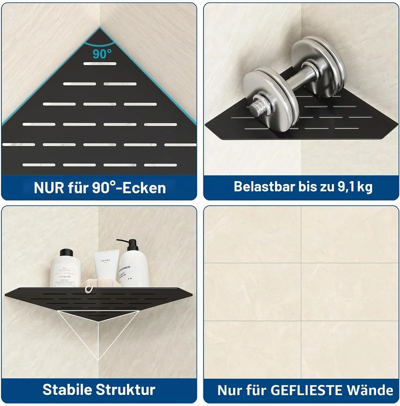 Eck-Duschregal 304 Edelstahl Duschablage Schwarz 3mm Dicker Einbau-Eckregal für Badezimmer-Aufbewahr
