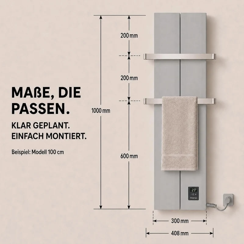 Finesa-D Badheizkörper elektrisch mit Thermostat 1000×408 mm | 700 W – Flacher Paneel Design Handtuc