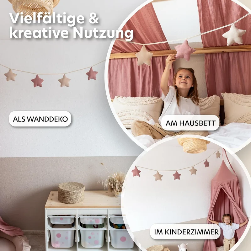LILIMAUS Sternen Wimpelkette Stoff - 12 Farben - Kinderzimmer Deko - 100% Baumwolle Handmade - Musse