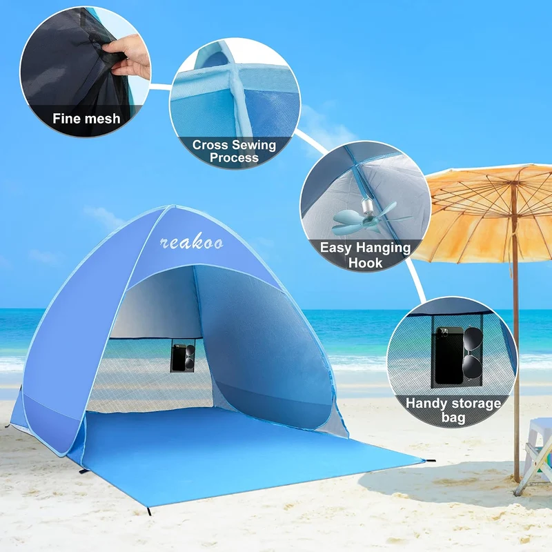 Strandmuschel Pop Up UV Schutz 50+, Tragbar Gross Strand Zelt, Automatisches Strandmuschel, Windschu