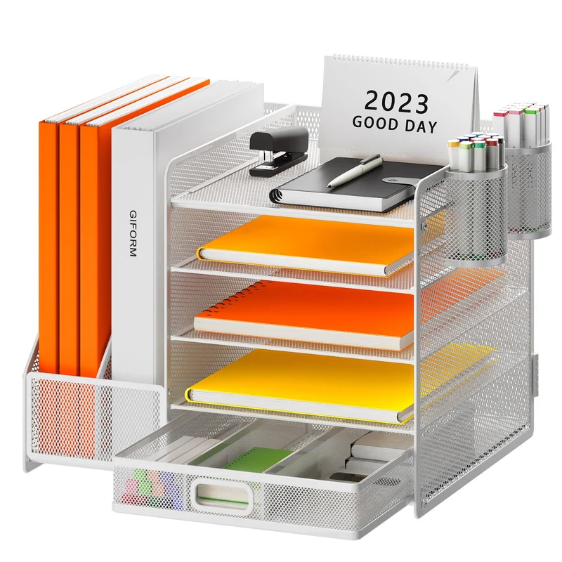 Schreibtisch Organizer mit Aktenhalter, 5-stufiger Papier Organizer mit Schublade und 2 Stifthaltern