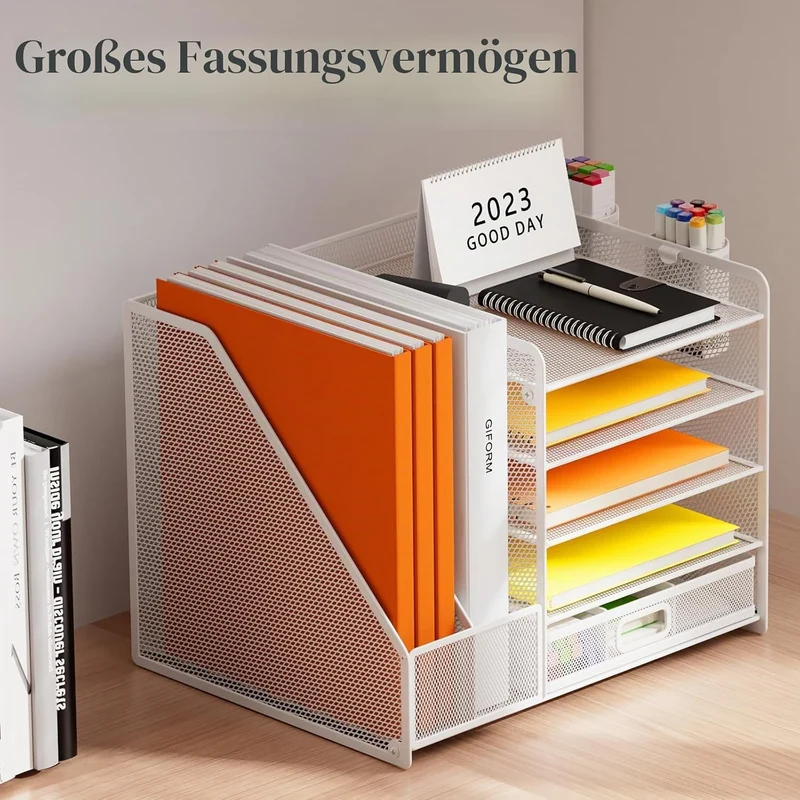 Schreibtisch Organizer mit Aktenhalter, 5-stufiger Papier Organizer mit Schublade und 2 Stifthaltern