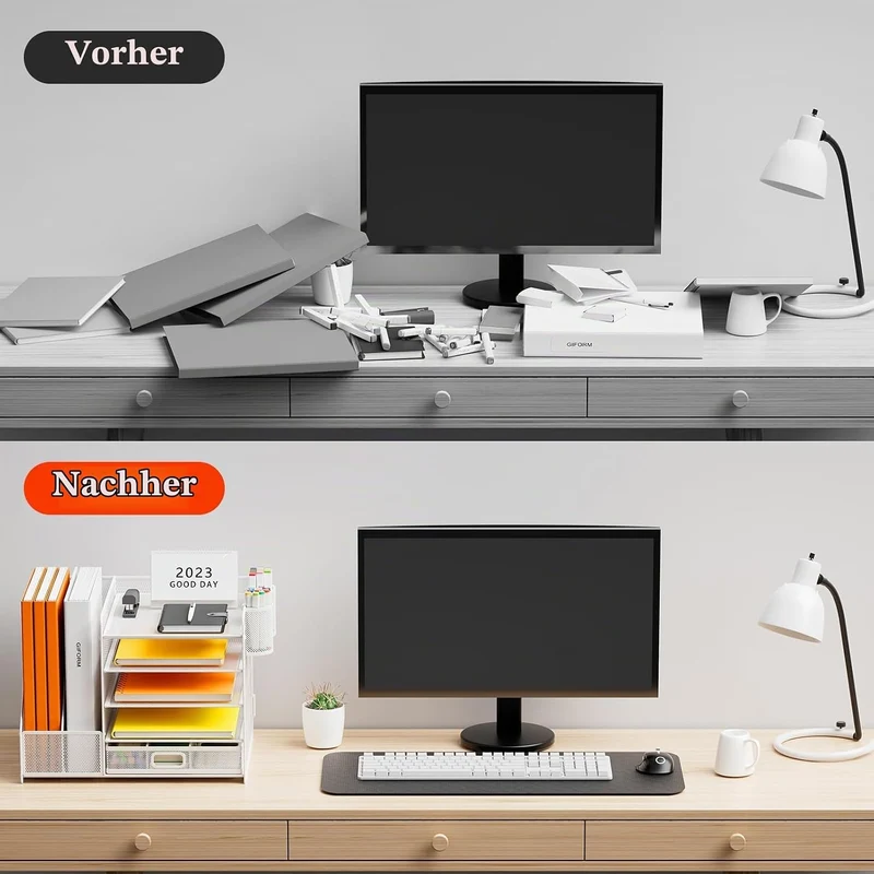 Schreibtisch Organizer mit Aktenhalter, 5-stufiger Papier Organizer mit Schublade und 2 Stifthaltern