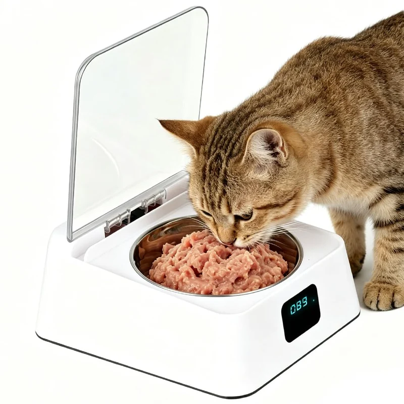 Nassfutterautomat für Katzen, Automatischer Futterautomat Katze Nassfutter mit aufklappbarem Deckel,