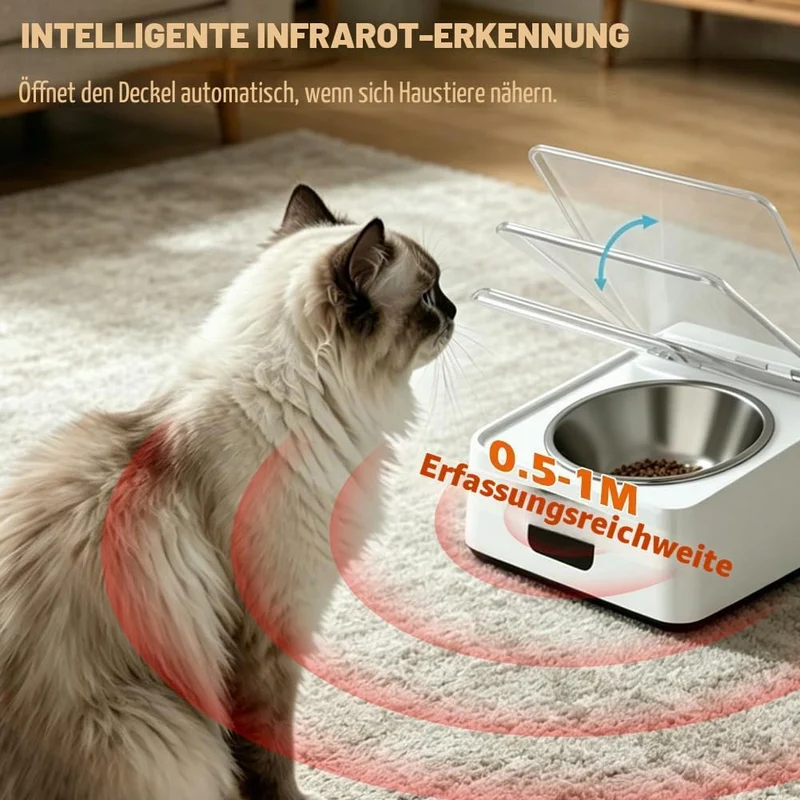 Nassfutterautomat für Katzen, Automatischer Futterautomat Katze Nassfutter mit aufklappbarem Deckel,