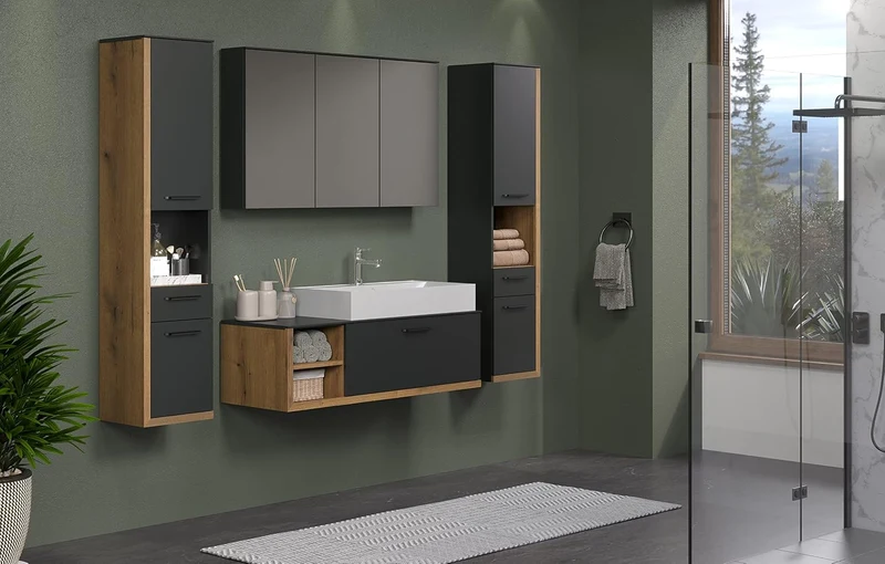 trendteam smart living - Synnax - Spiegelschrank - Anthrazit - moderner Badezimmerspiegel 3-türig -