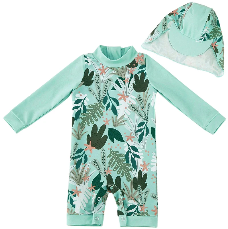 UMELOK Baby Badebekleidung Mädchen Badeanzug mit Sonnenhut UV Schutz 3-6 Monate Grüne,tropische Pfla