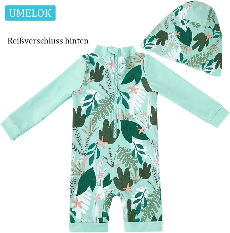 UMELOK Baby Badebekleidung Mädchen Badeanzug mit Sonnenhut UV Schutz 3-6 Monate Grüne,tropische Pfla