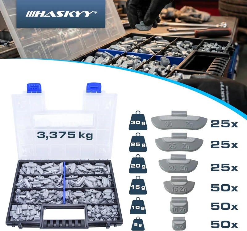 HASKYY 225x Schlaggewichte STAHLFELGEN Auswuchtgewichte Wuchtgewichte 5-30g Sortiment, Stahl
