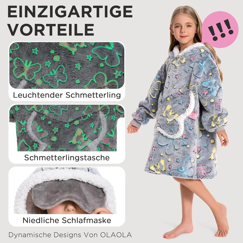 OLAOLA Schmetterling Tragbare Decke Hoodie Im Dunkeln Leuchten, üBergrossEr Decken Hoodie Mit Tasche