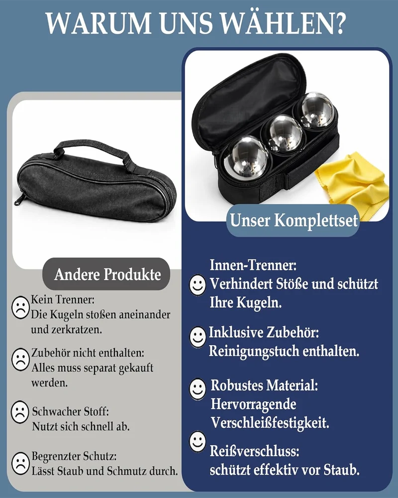 Tasche für Boccia-Kugel für 3 Kugeln – Wischtuch, Trennwand – stabile Tragetasche – Zubehör für Bocc