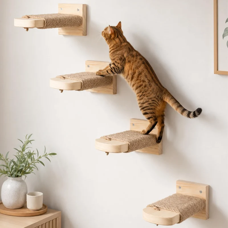 4 Stück Katzentreppe Wand: Kletterwand Katzen aus Massivholz mit Juteseil 21cm bis 35kg Wandliege zu