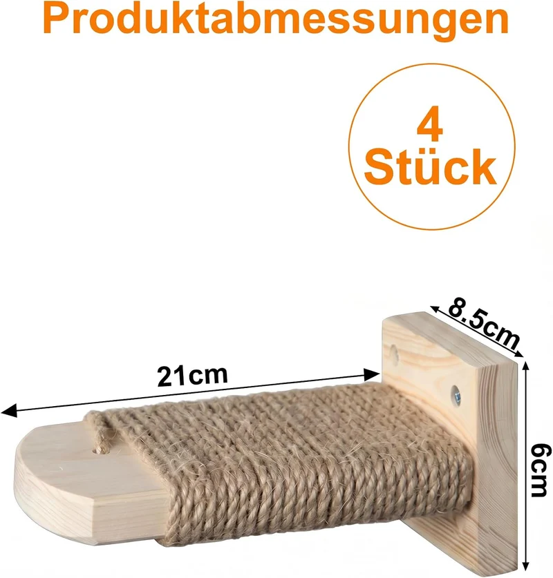 4 Stück Katzentreppe Wand: Kletterwand Katzen aus Massivholz mit Juteseil 21cm bis 35kg Wandliege zu