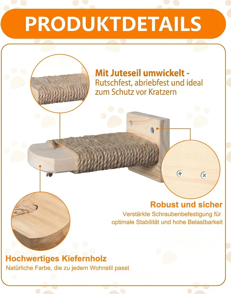 4 Stück Katzentreppe Wand: Kletterwand Katzen aus Massivholz mit Juteseil 21cm bis 35kg Wandliege zu