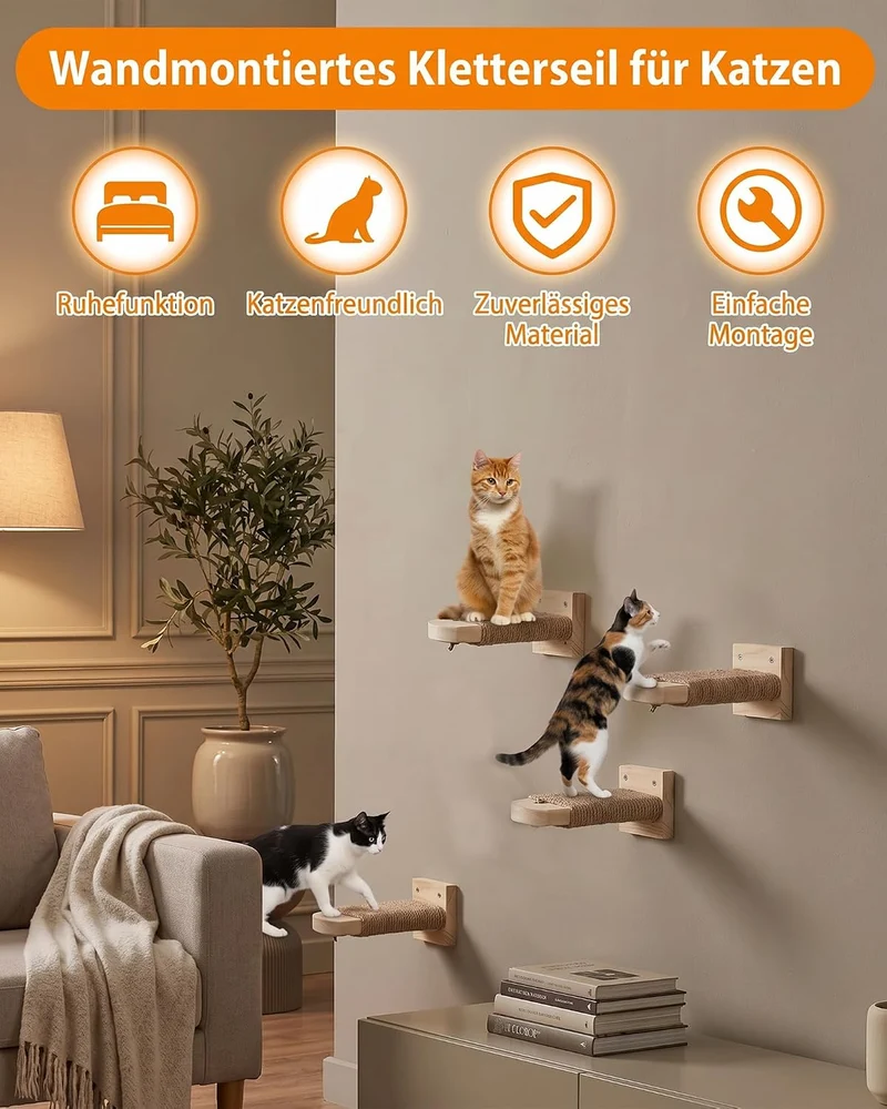 4 Stück Katzentreppe Wand: Kletterwand Katzen aus Massivholz mit Juteseil 21cm bis 35kg Wandliege zu