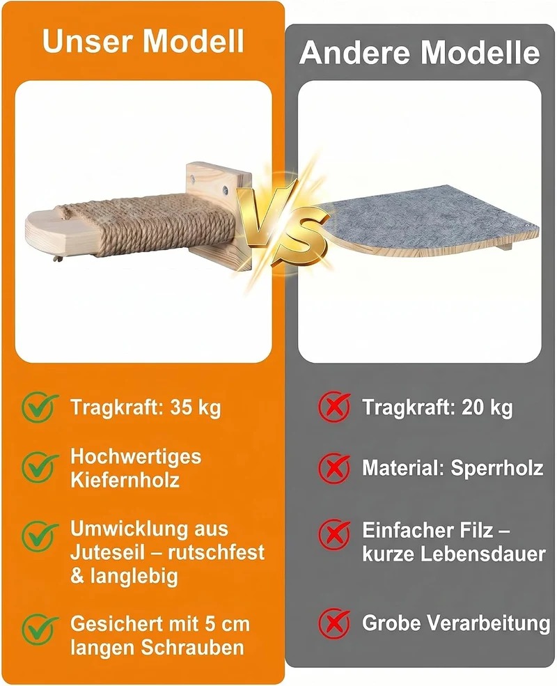 4 Stück Katzentreppe Wand: Kletterwand Katzen aus Massivholz mit Juteseil 21cm bis 35kg Wandliege zu