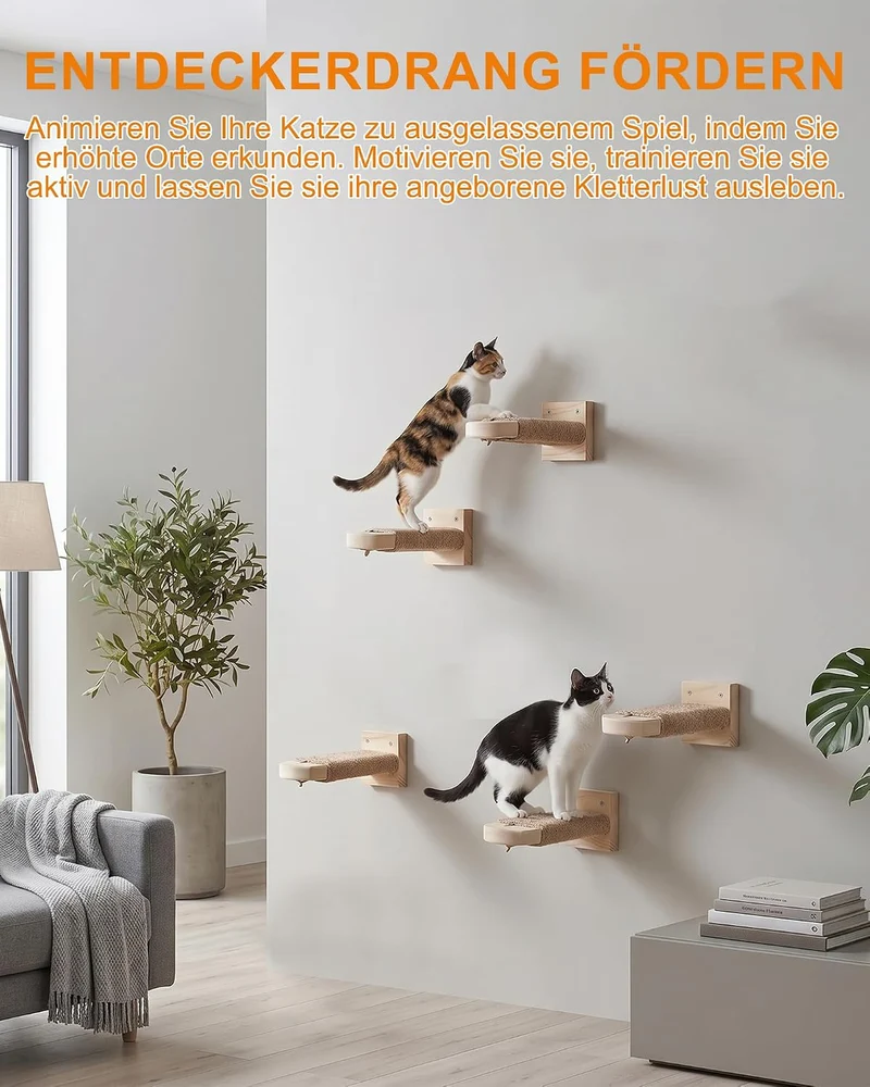 4 Stück Katzentreppe Wand: Kletterwand Katzen aus Massivholz mit Juteseil 21cm bis 35kg Wandliege zu