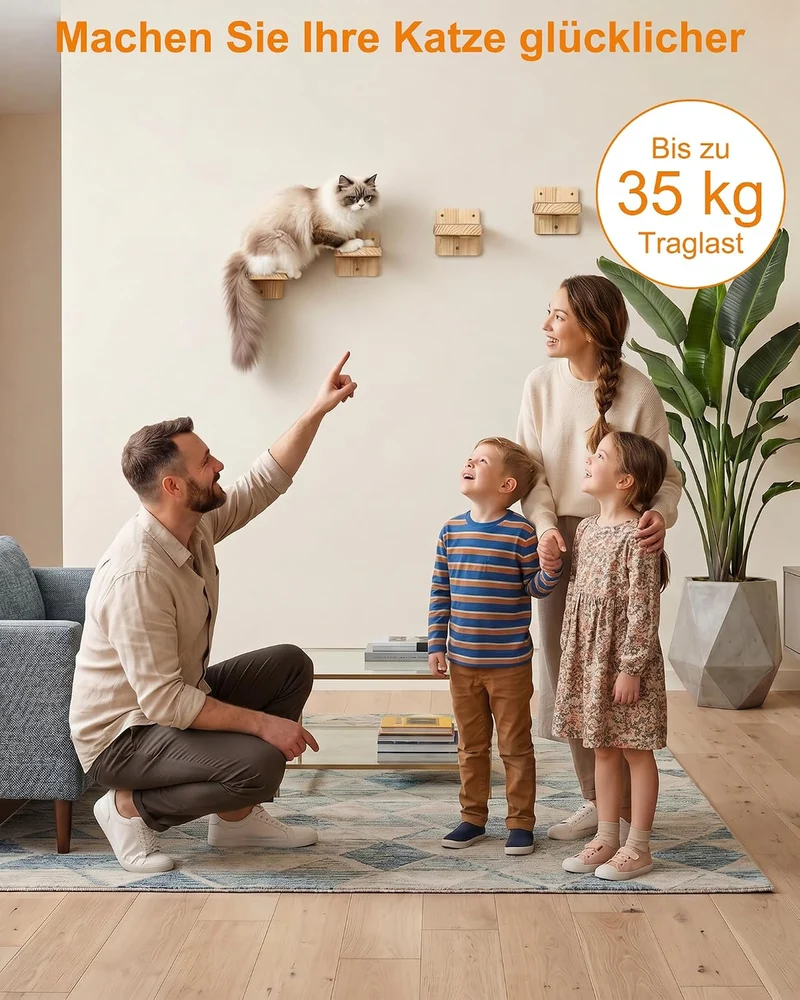 4 Stück Katzentreppe Wand: Kletterwand Katzen aus Massivholz mit Juteseil 21cm bis 35kg Wandliege zu
