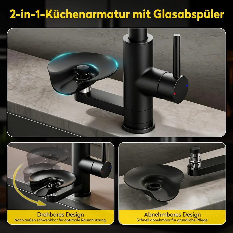 JONKEAN Hochdruck Küchenarmatur mit Brause, Armatur Küche mit Gläserspüler, 360° Drehbar Mischbatter