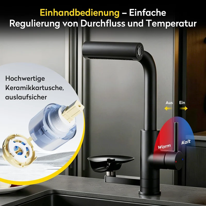 JONKEAN Hochdruck Küchenarmatur mit Brause, Armatur Küche mit Gläserspüler, 360° Drehbar Mischbatter