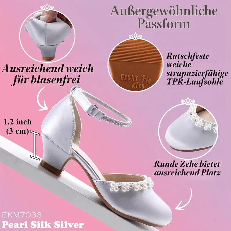 EIGHT KM - Mädchen High Heel Kleid Schuhe - Glattes Seidenperle - Prinzessin Hochzeit Schuhe Party P