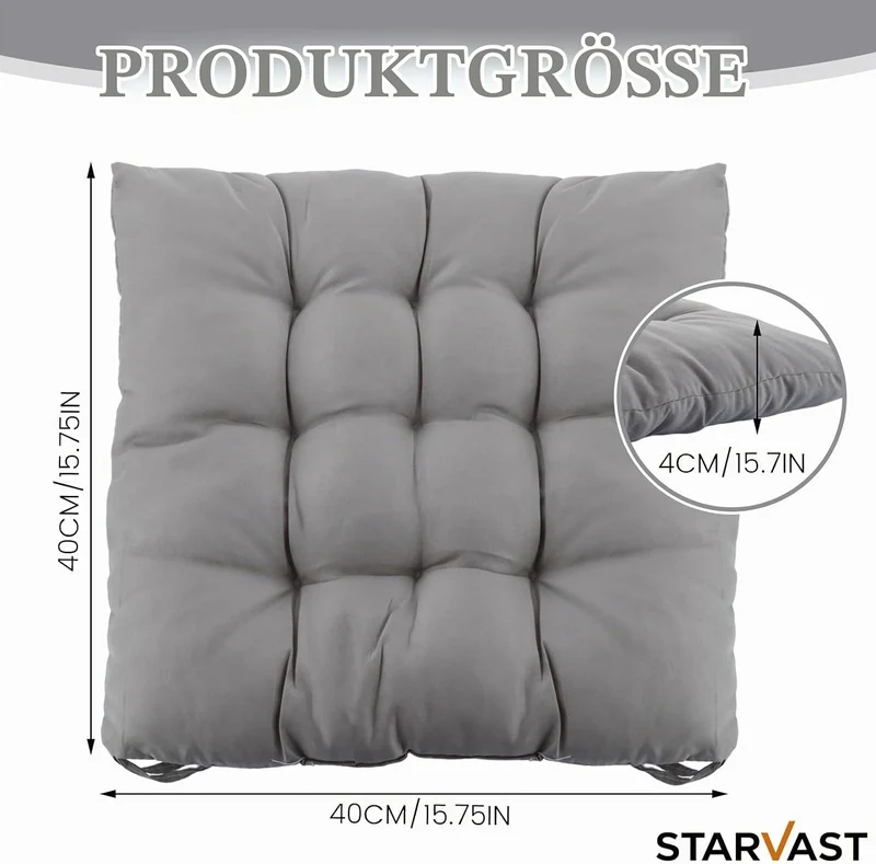 STARVAST 8er Set Stuhlkissen 40x40x5 cm Sitzkissen Polster Stuhlauflage mit Haltebändern Dekokissen