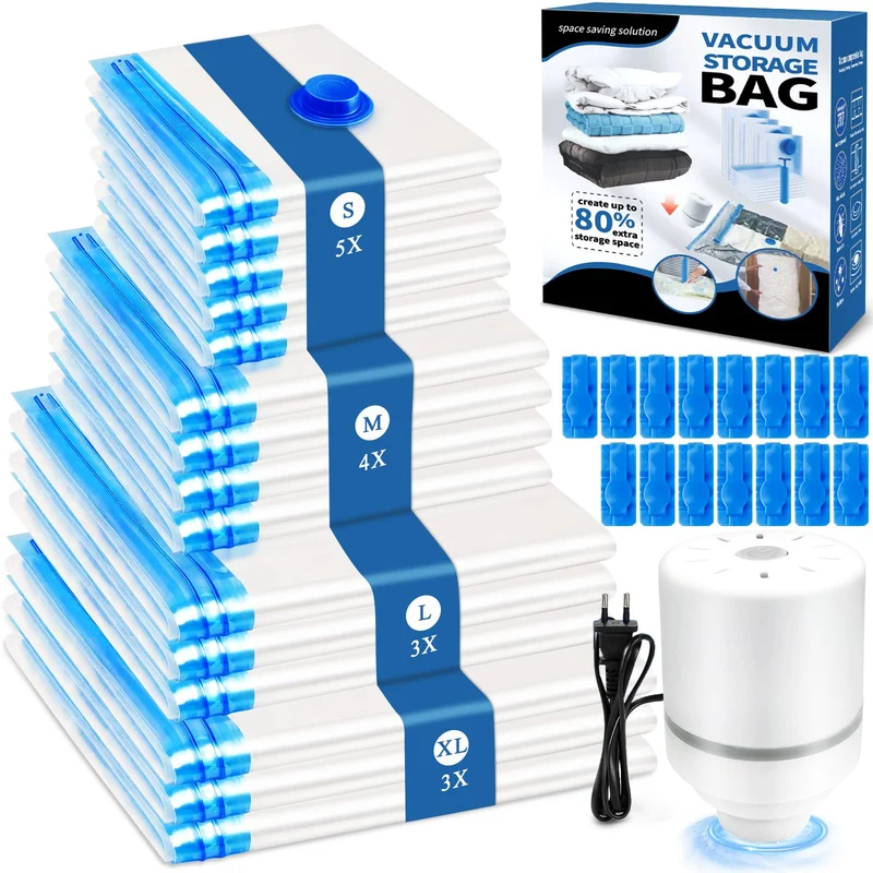 Vakuumbeutel für Kleidung mit Elektrischer Luftpumpe, 15PCS Vacuum Bags, 3xJumbo, 3xGross, 4xMittelg