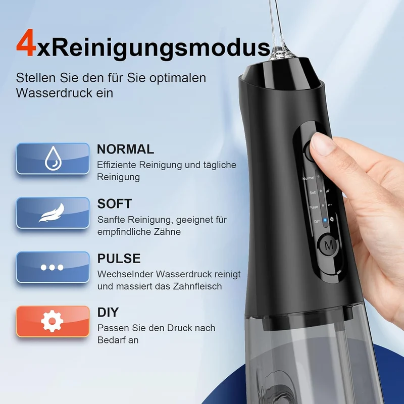 Munddusche Testsieger 2026, 320ML Wassertank IPX7 Wasserdicht, 5 Multifunktionale Jet-Tipps und 4 Mo