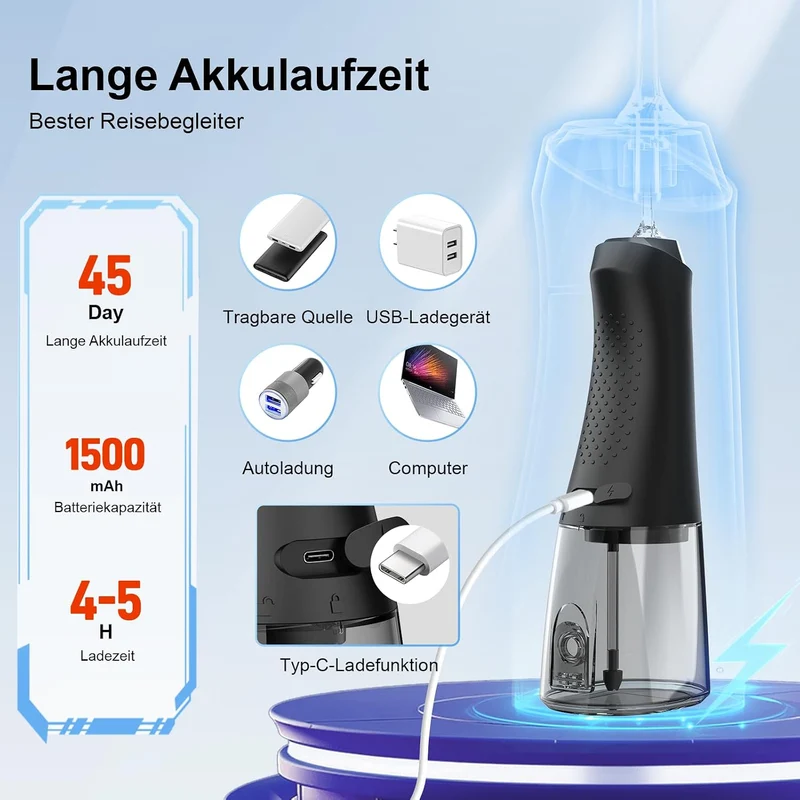 Munddusche Testsieger 2026, 320ML Wassertank IPX7 Wasserdicht, 5 Multifunktionale Jet-Tipps und 4 Mo