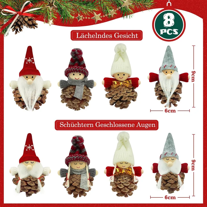 Wichtel Klein Weihnachtsbaumschmuck,8 Stück Tannenzapfen Weihnachtsbaum Anhänger,Weihnachtswichtel K