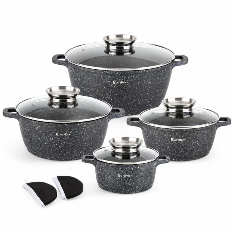 EliteHoff Kochtopf Set Induktion, Topf aus Aluminiumguss mit Antihaftbeschichtung, Topfset mit Glasd