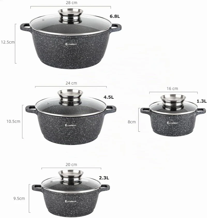 EliteHoff Kochtopf Set Induktion, Topf aus Aluminiumguss mit Antihaftbeschichtung, Topfset mit Glasd